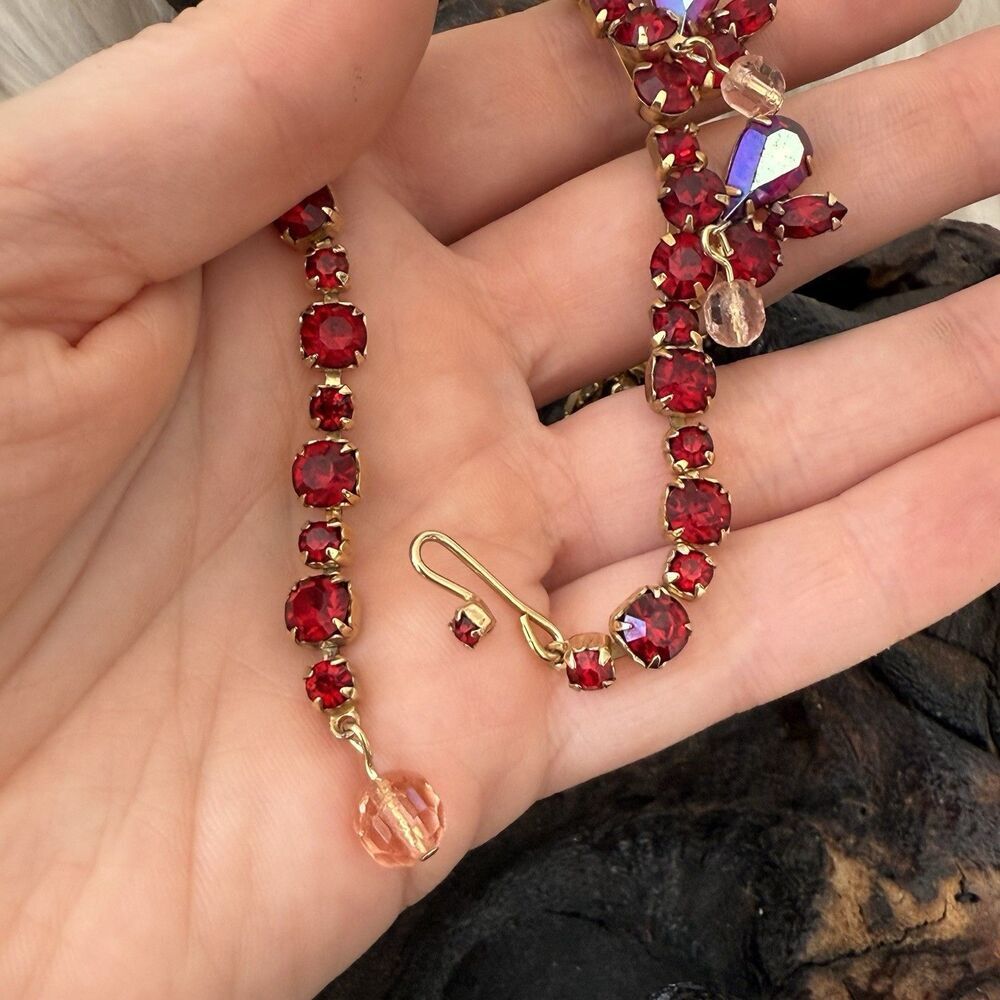 Vintage Kramer Demi-Parure Red Aurora Borealis AB Teardrop Pink Dangle Balls - Picture 8 of 16